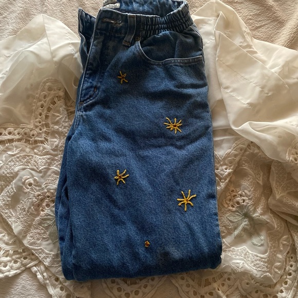 L.L. Bean Denim - L.L. Bean High Rise Blue Jeans with Yellow Embroidery, flannel lined